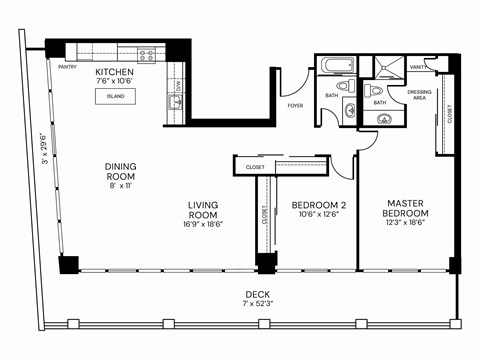 A black and white floor plan of a house with a kitchen, dining room, living room, two bedrooms, a bathroom, a foyer, and a closet.